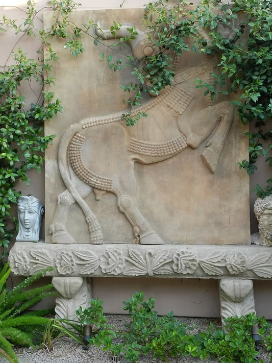 Minoan Bull Wall Plaque - angle view - cast stone relief plaque | Stoneworks
